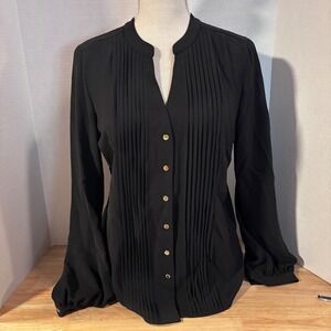 Calvin Klein Small New Top Modern  Black Pleated V-Neck Long Sleeve Blouse